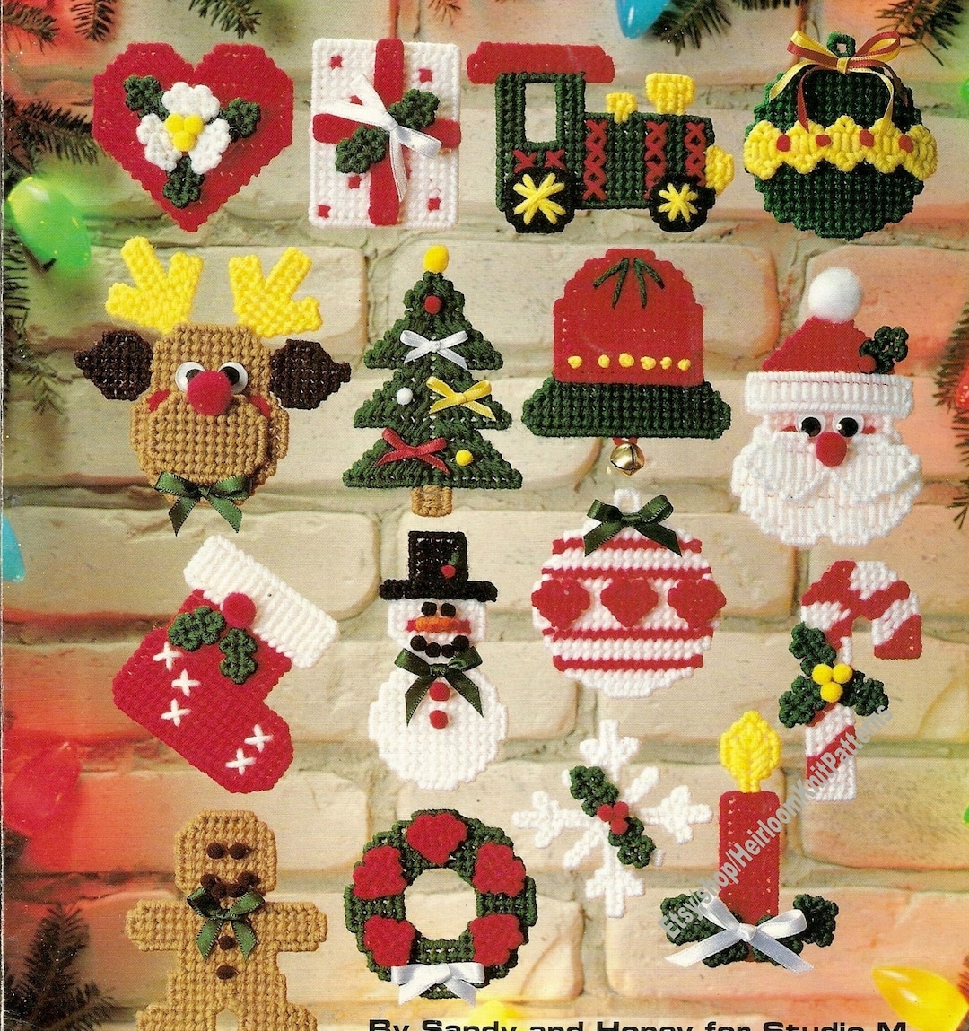 16 Christmas Ornaments Vintage Plastic Canvas Pattern PDF Santa Stocking Candle Snowflake Wreath Bell Heart Tree Instant Download PDF 2429 Etsy
