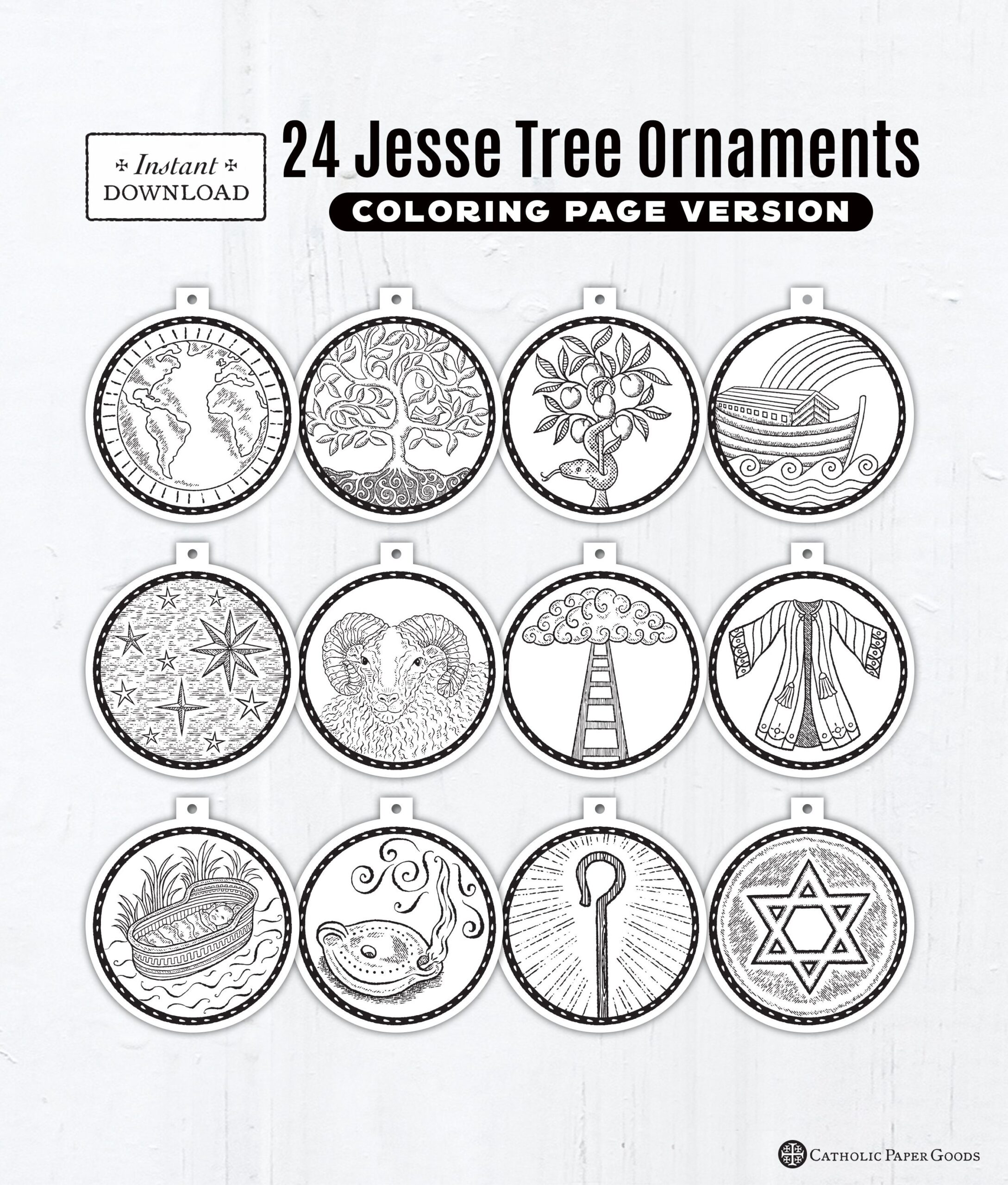 24 Jesse Tree Printable Ornaments PDF Coloring Page Ornaments 