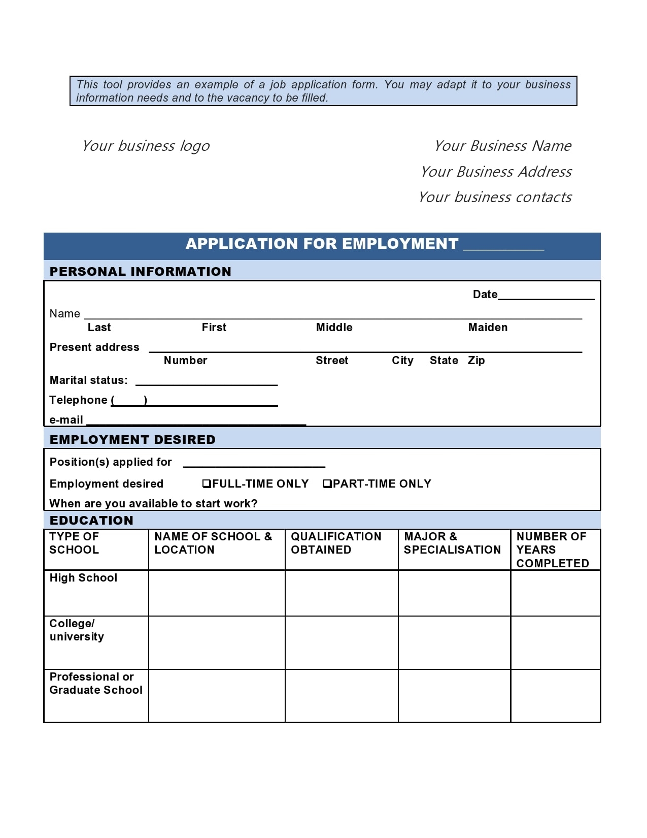 Free Job Application Template Printable