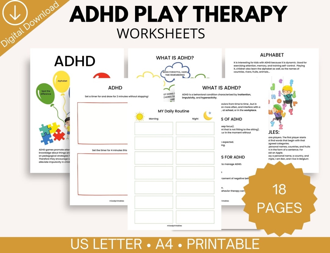 ADHD Play Therapy Worksheets Printable Activities For Kids Focus U0026 Coping Skills Digital Download Etsy