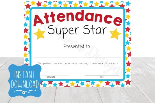 Attendance Award Certificate Printable Perfect Attendance Certificate Attendance Award Printable School Attendance Certificate Kid Award Etsy