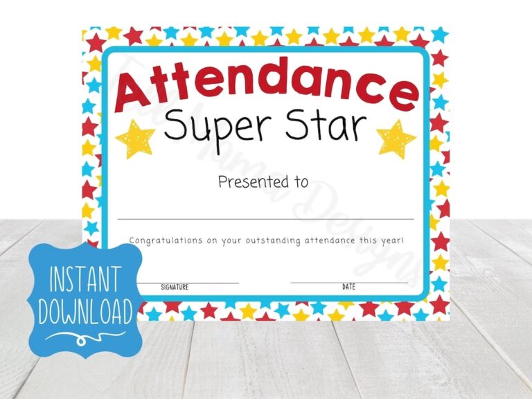 Attendance Award Certificate Printable Perfect Attendance Certificate Attendance Award Printable School Attendance Certificate Kid Award Etsy