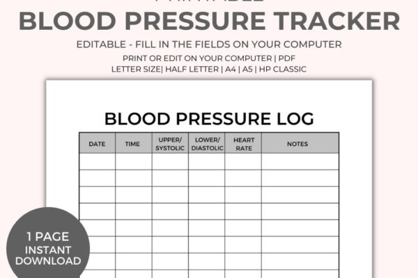 Blood Pressure Chart Printable Instant Download Medical Tracker Editable Blood Pressure Tracker BP Tracker Blood Pressure Log Etsy