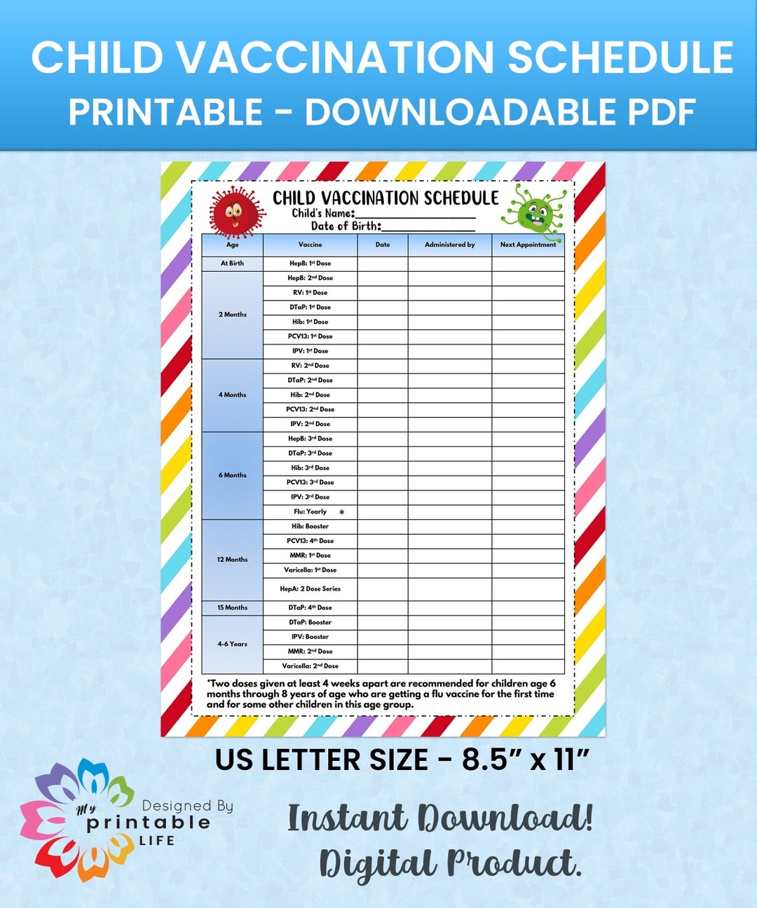 Child Vaccination Schedule Printable Immunization Record Vaccine Chart Instant Download PDF Household Binder Planner Insert Sheet Etsy Norway