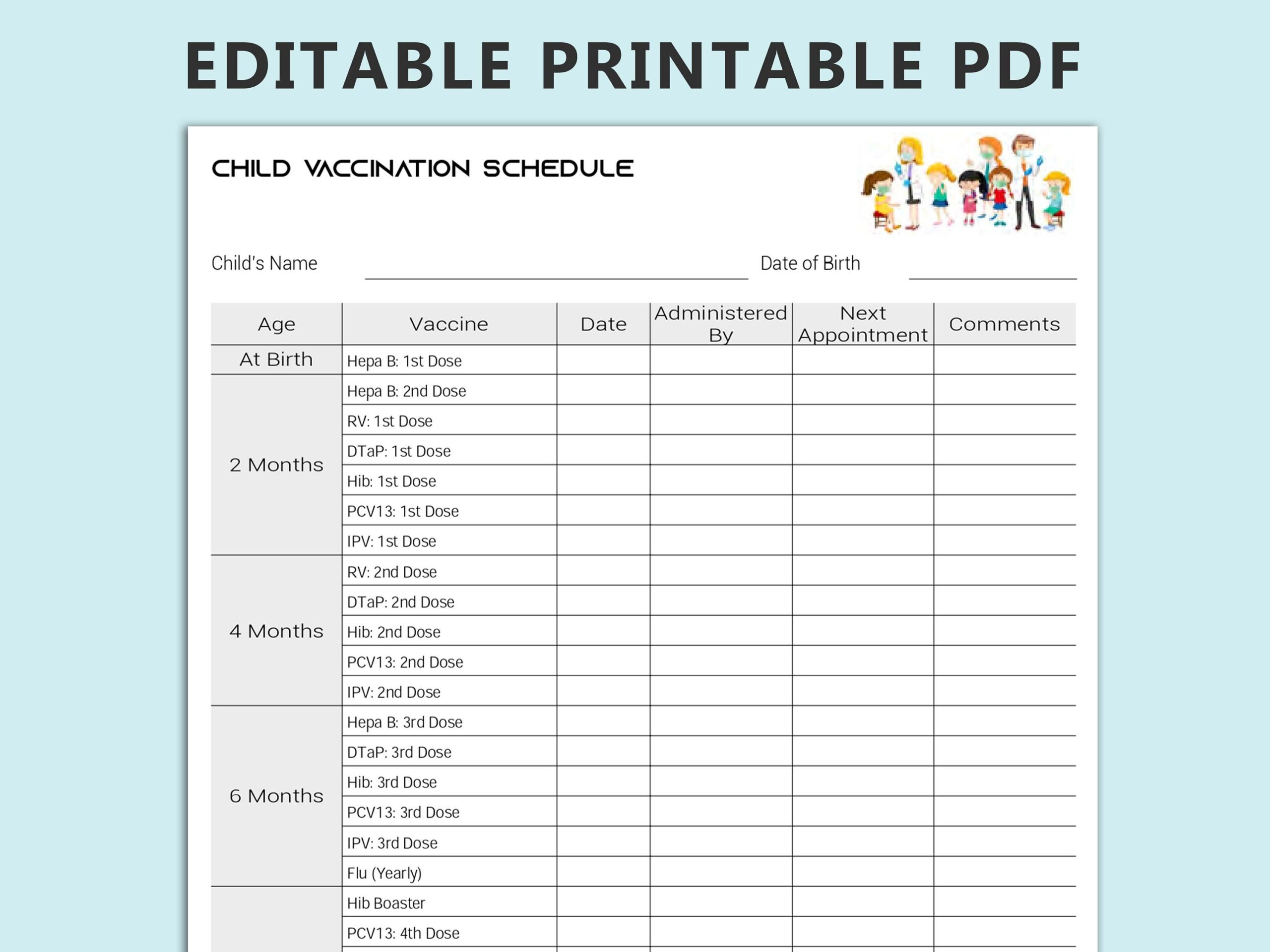 Child Vaccination Schedule Vaccination Timetable Immunization Schedule Pediatric Vaccine Chart Child Immunization Record Vaccination Pdf Etsy