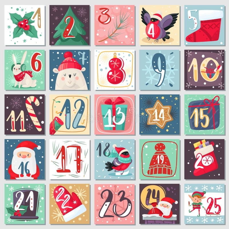 Christmas Advent Calendar Winter Festive Poster With Rabbit Bear And Santa Xmas Decoration And Numbers December Stock Vector Illustration Of Number December 193881845