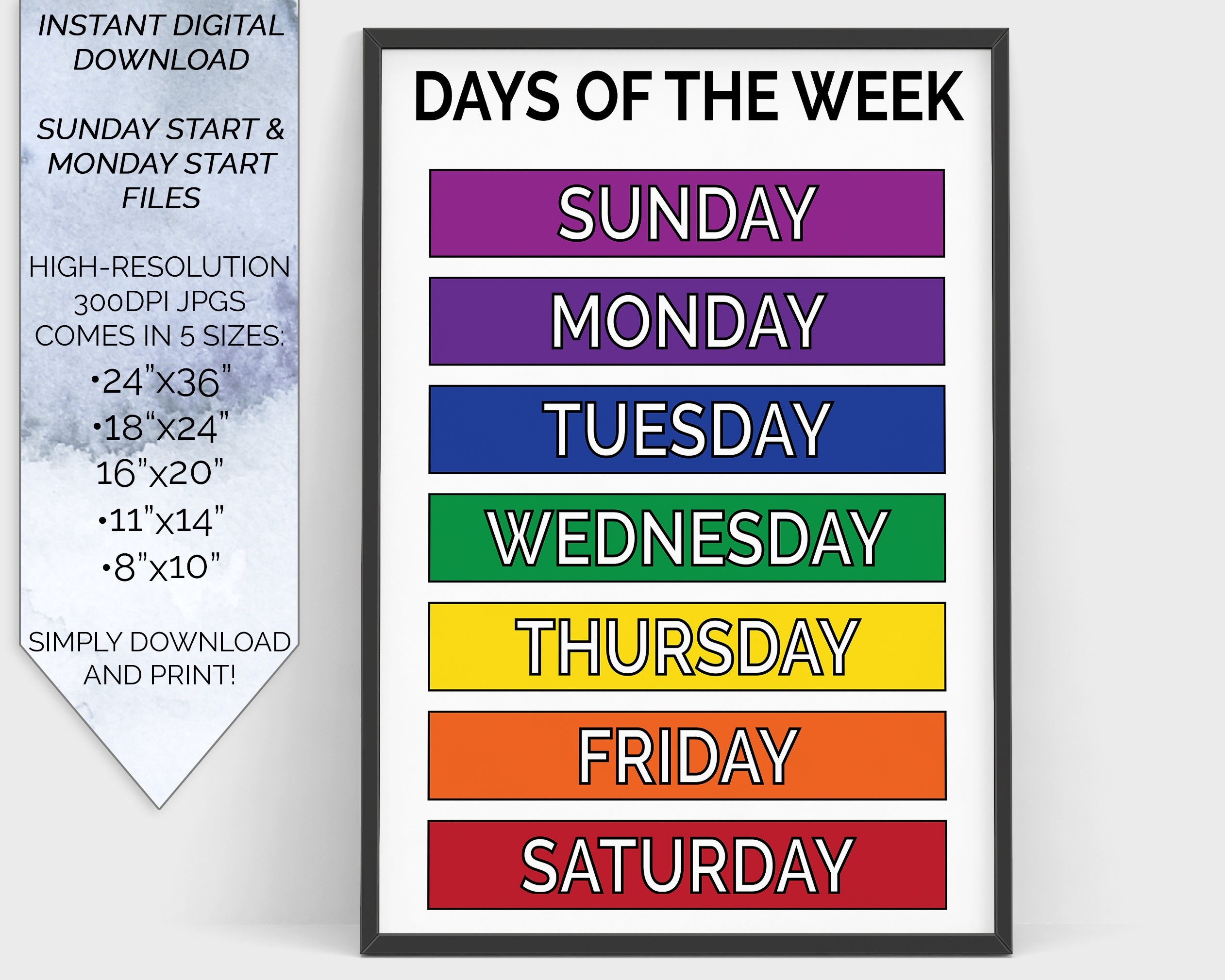 Days Of The Week Kids Education Learning Chart Poster Printable Homeschool Virtual Learning Classroom Wall Poster Print Elementary School