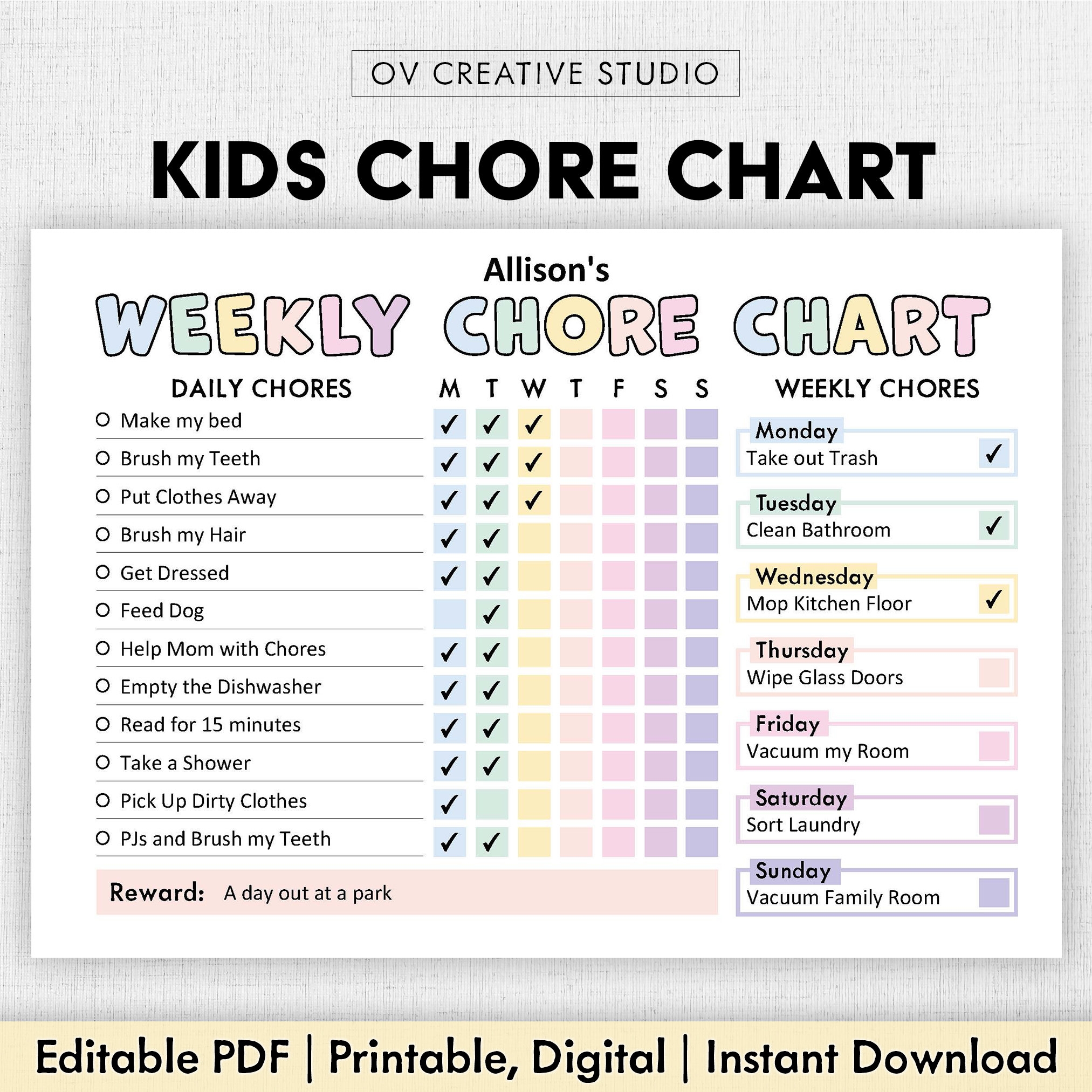 Editable Chore Chart For Kids Printable Kids Daily Weekly 