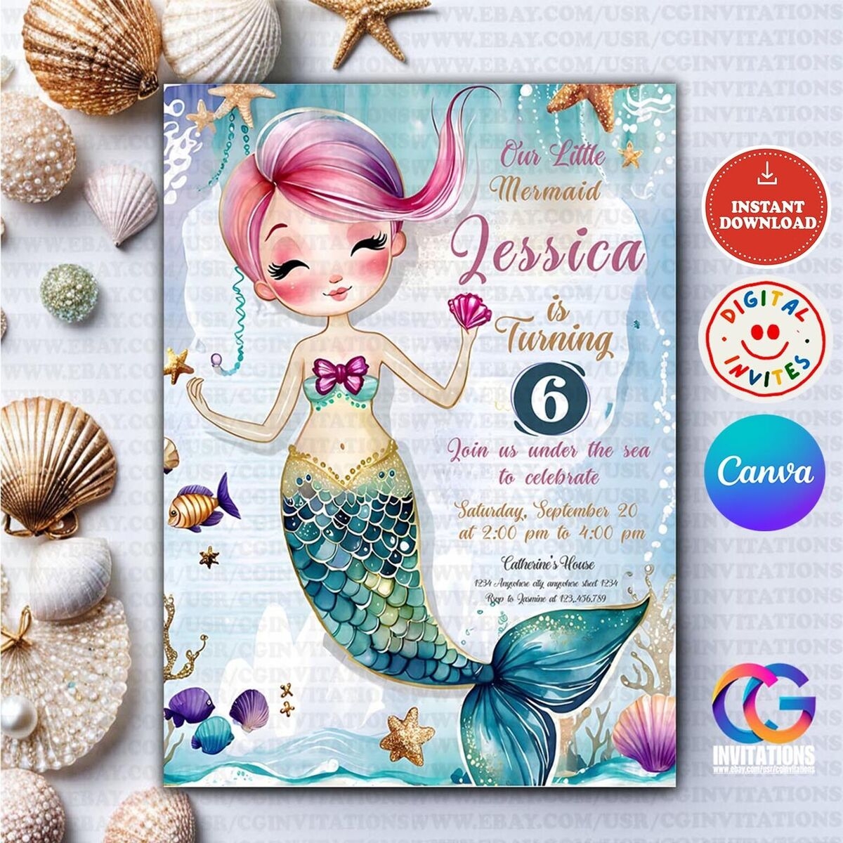 Editable Mermaid Birthday Invitation Girls Party Template Mermaid Party Invite