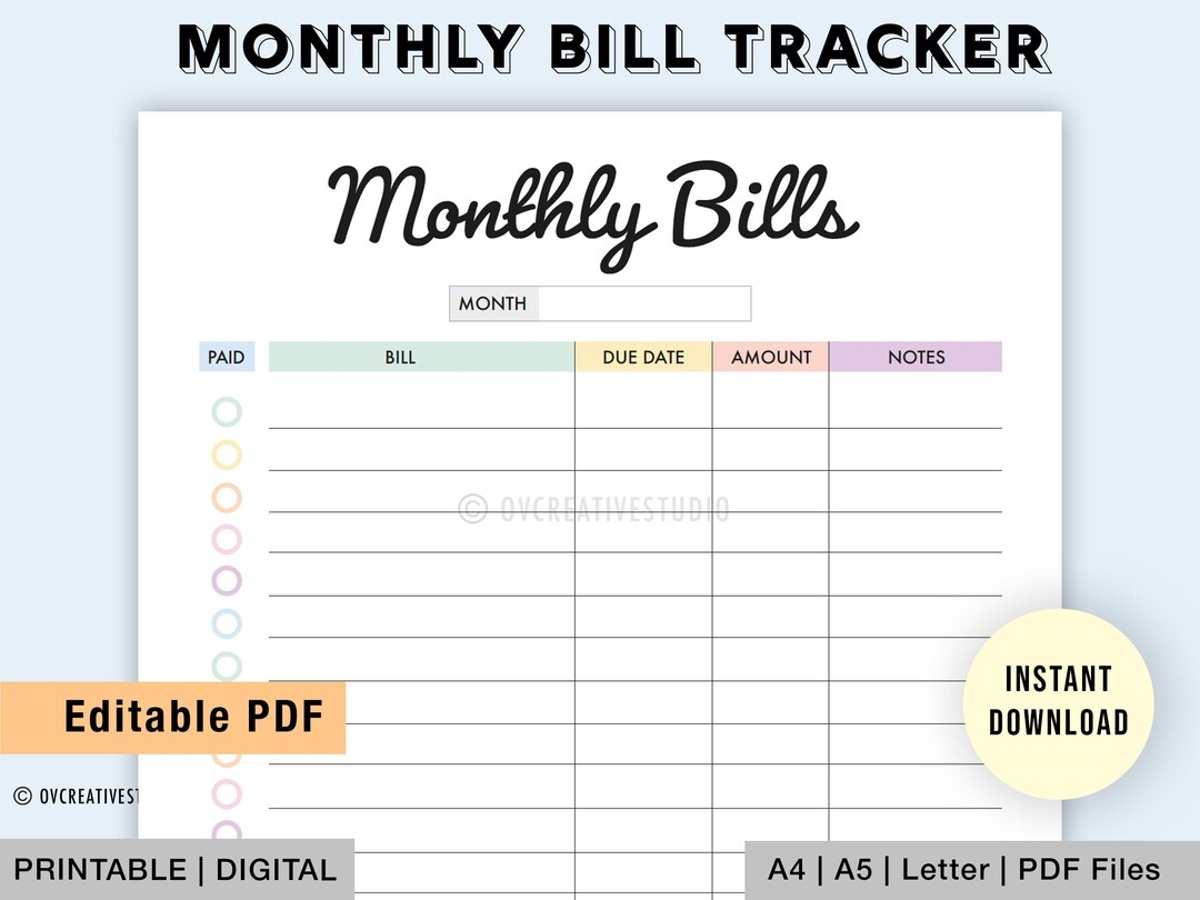Monthly Bill Organizer Free Printable