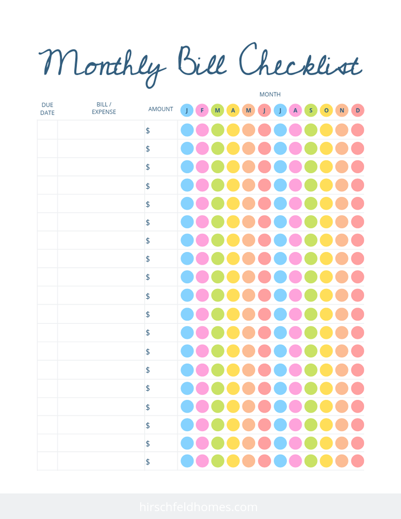 Monthly Bill Payment Checklist Free Printable