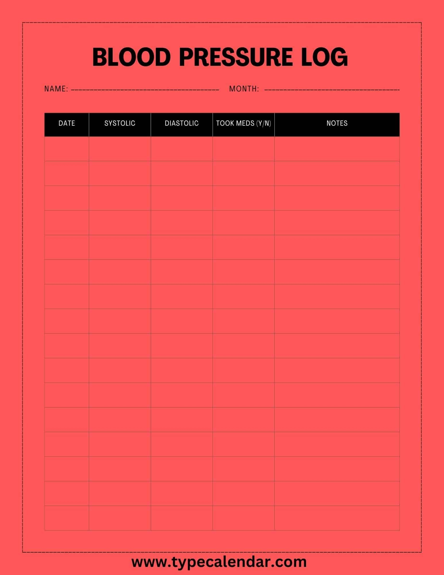 Blood Pressure Log Chart Printable
