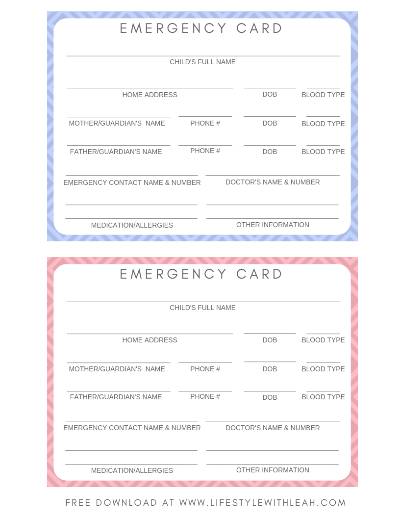 Free Printable Emergency Cards For Your Kids Lifestyle With Leah