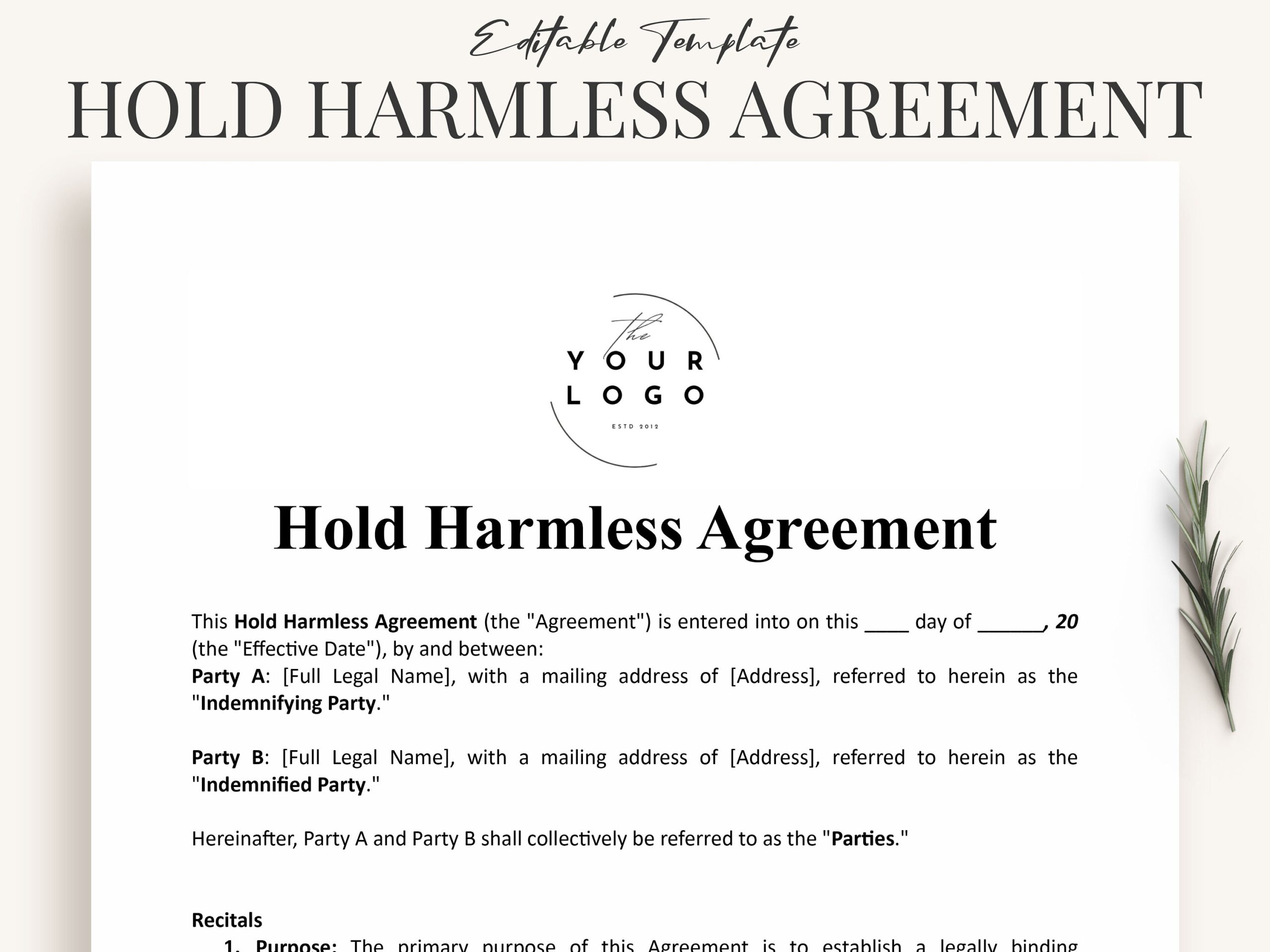 Free Printable Hold Harmless Agreement