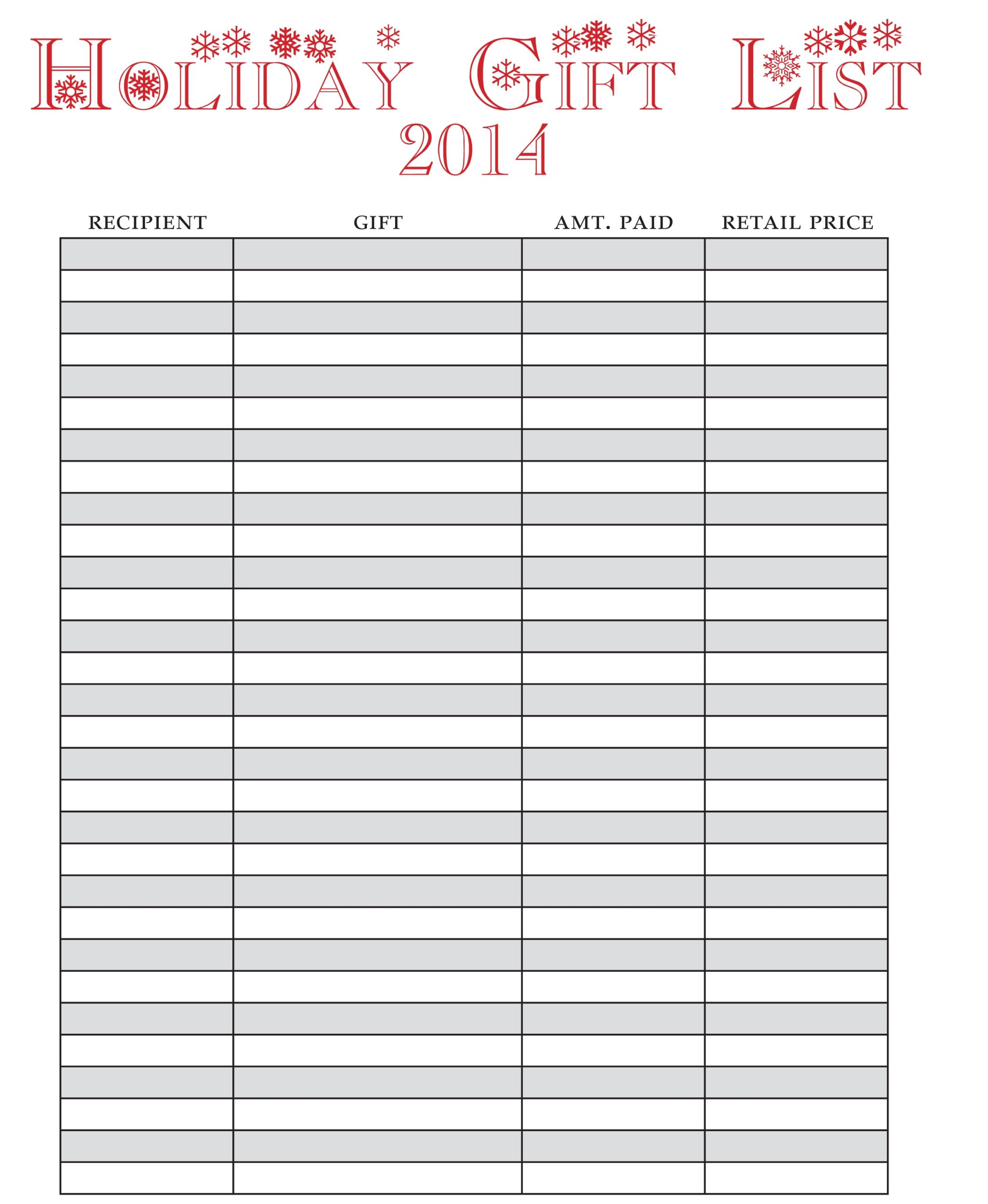 Free Printable Christmas Gift List Template