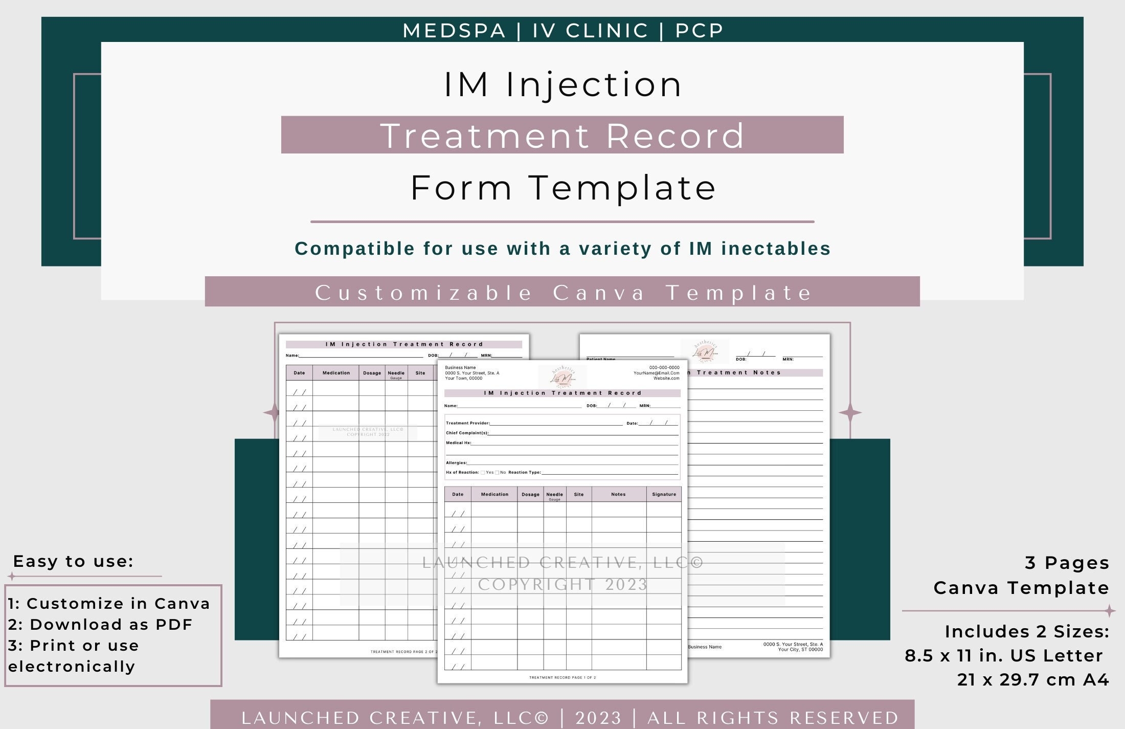 IM Injection Treatment Record Form Template Intramuscular 