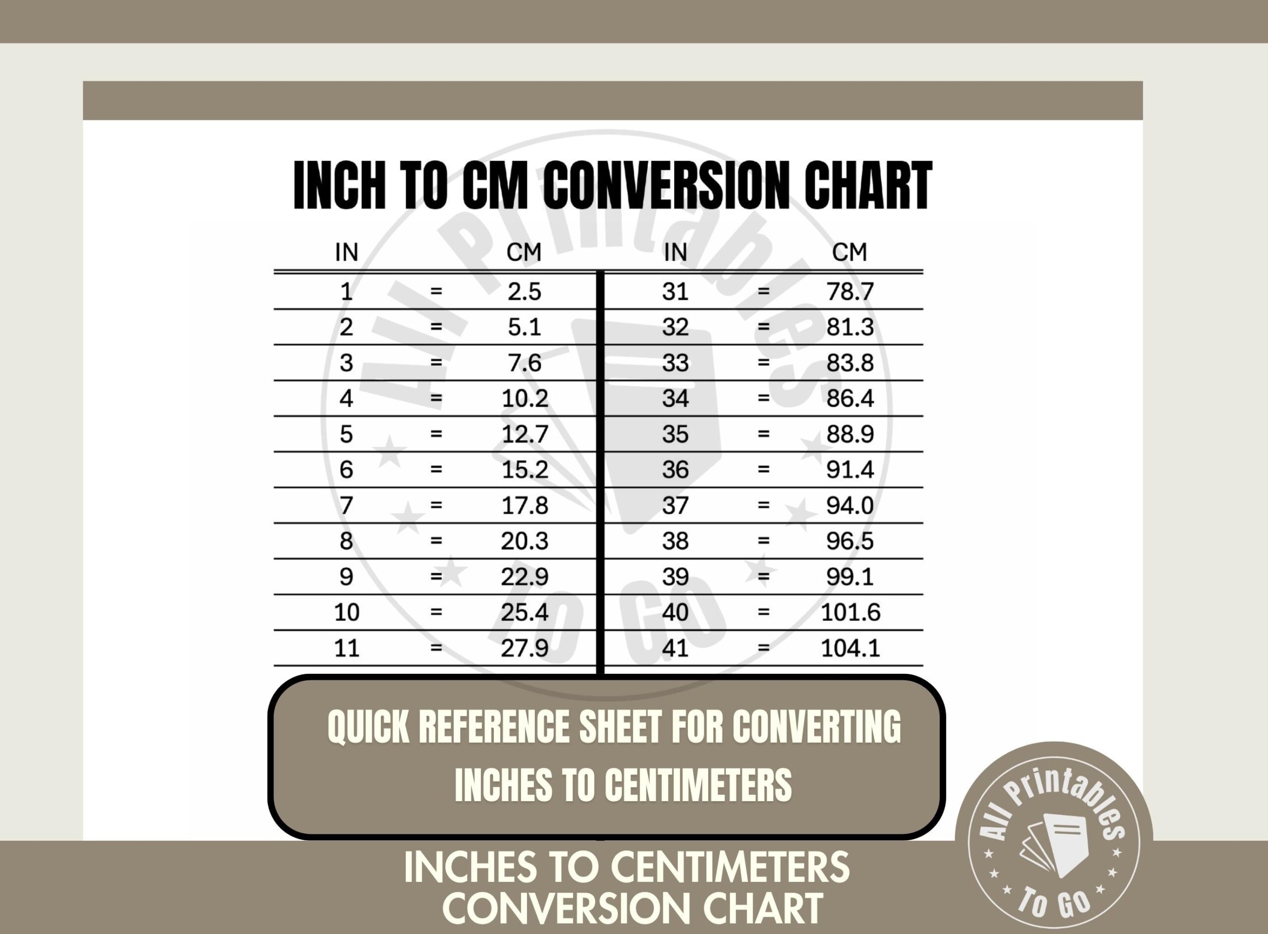 Inch To Centimeter Conversion Chart Printable Measurement Table 