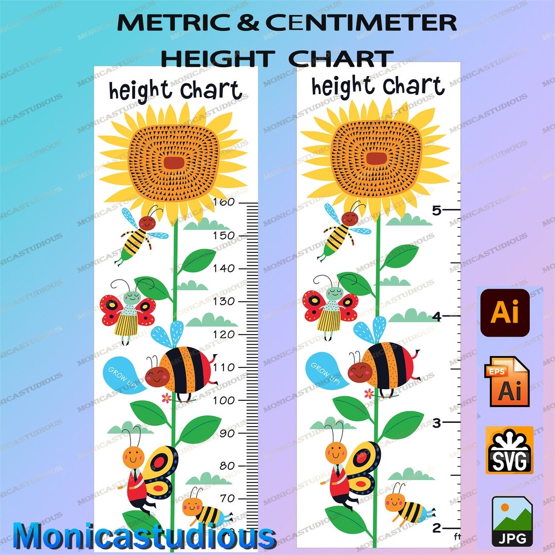 Kids Height Chart sunflower And Bee Growth Chart Digital Print cartoon Animals Height Chart Eps kids Growth Ruler metric centimeter Feet Etsy