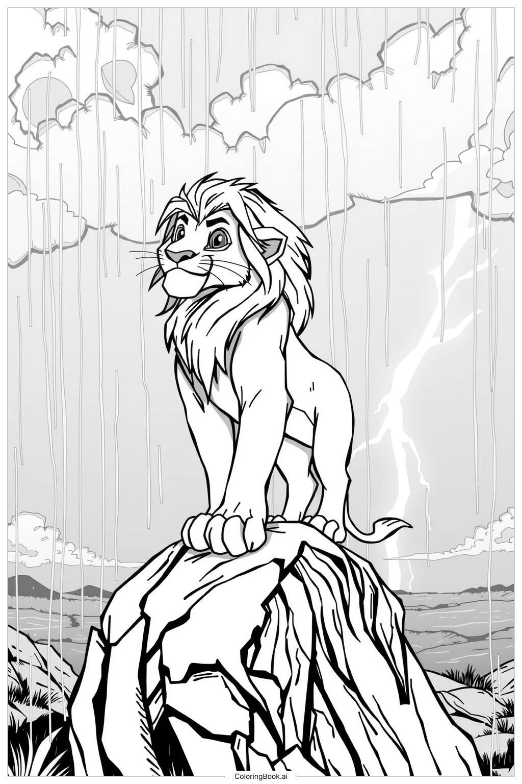 Lion King Simba Standing On Pride Rock During The Rain 2 Coloring 