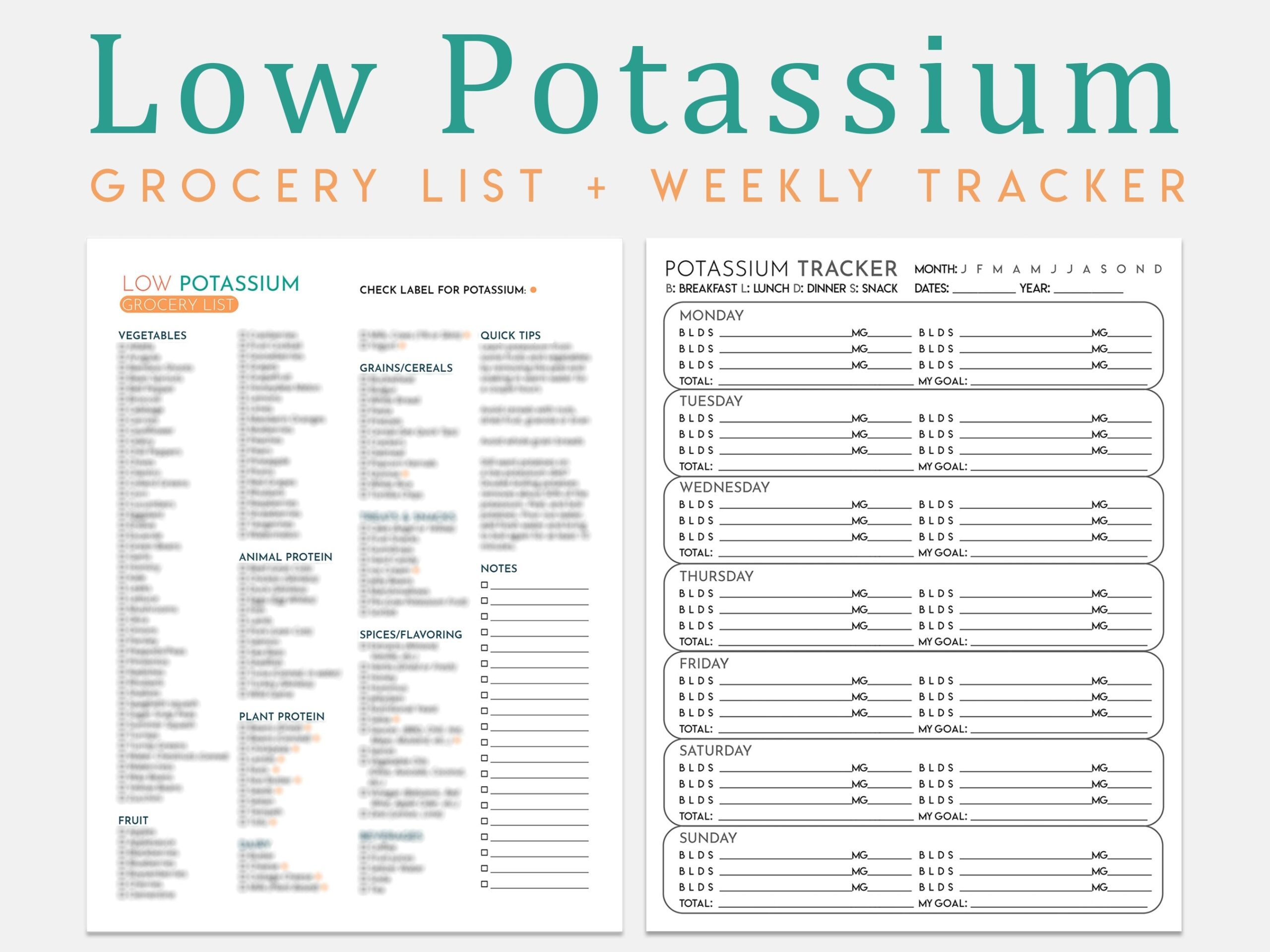 Low Potassium Diet Grocery List Weekly Tracker Kidney Friendly 