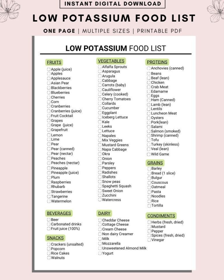 Low Potassium Food List Kidney Disease Renal Diet Chronic Illness Grocery List Shopping List Food Guide List Printable Food Journal Etsy