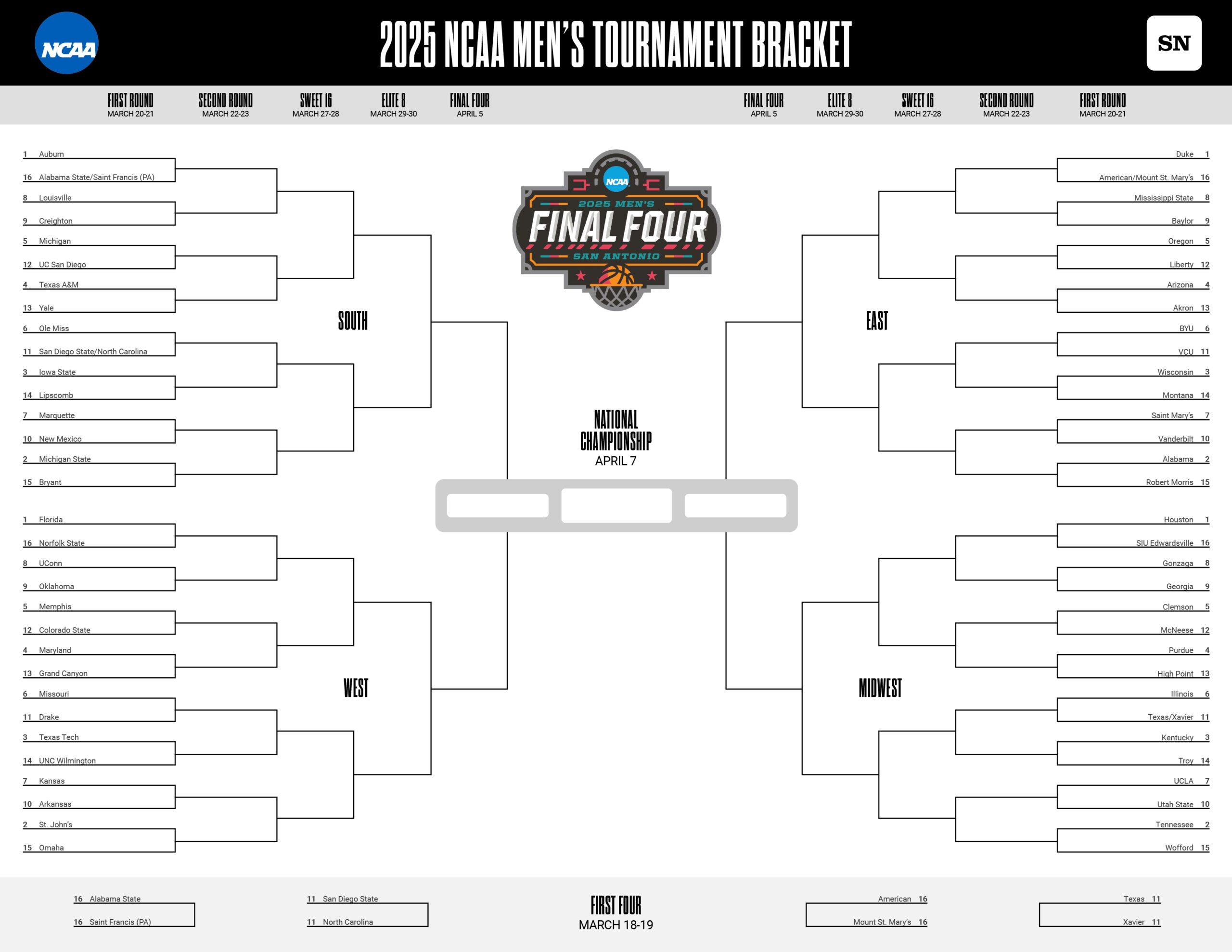 March Madness Printable Bracket Download A Free 2025 NCAA