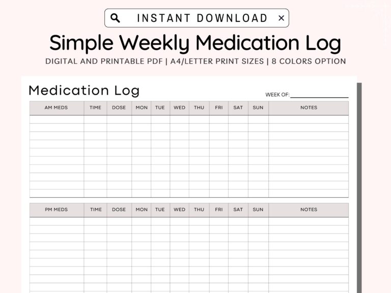 Medication Tracker Printable Weekly Medication Log Medicine Tracker Medication List Medication Log Medication Chart Daily PDF A4 letter Etsy