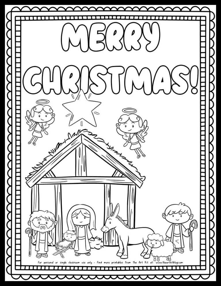 Merry Christmas Shepherd And Sheep Visiting Baby Jesus Coloring Page Free Printable The Art Kit
