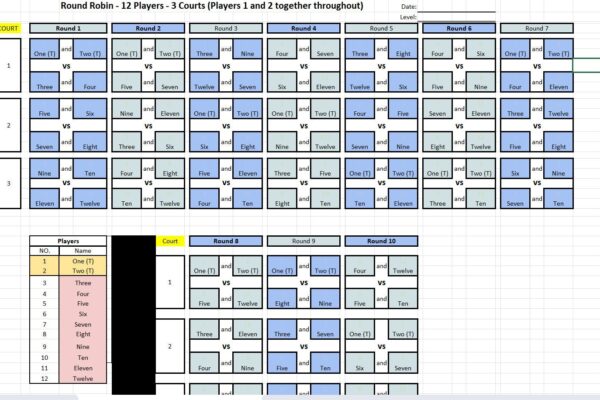 Pickleball Round Robin Excel Sheet 12 Players On 3 Courts 10 Rounds Players One And Two Stay Together Throughout
