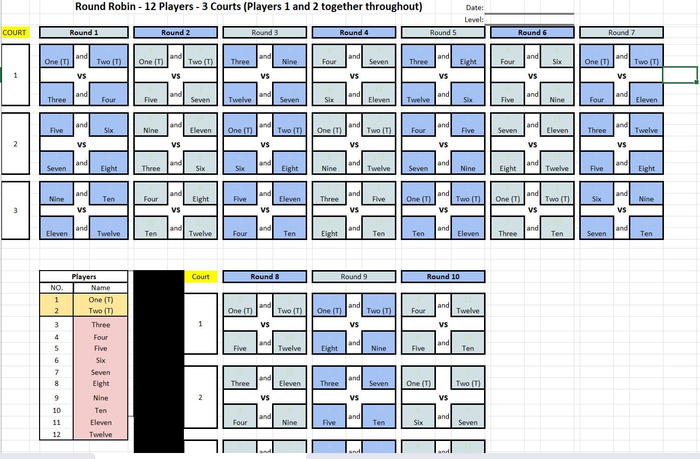 Pickleball Round Robin Excel Sheet 12 Players On 3 Courts 10 Rounds Players One And Two Stay Together Throughout