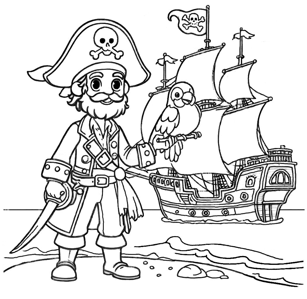 Pirate With Parrot And Sword Standing On Beach With Pirate Ship In Background u200d 