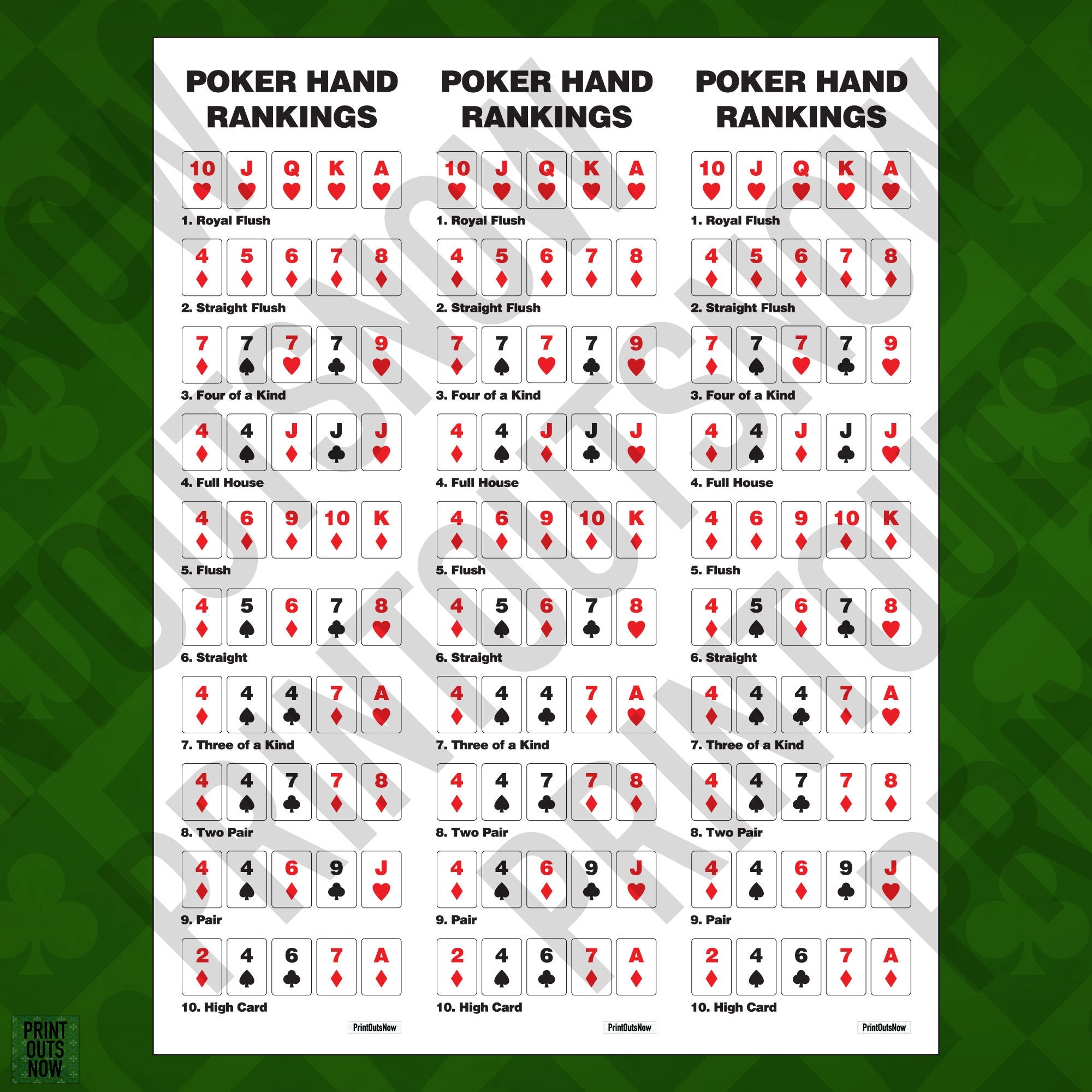 Poker Hand Ranking Cheat Sheet Print Out Instant Download For 