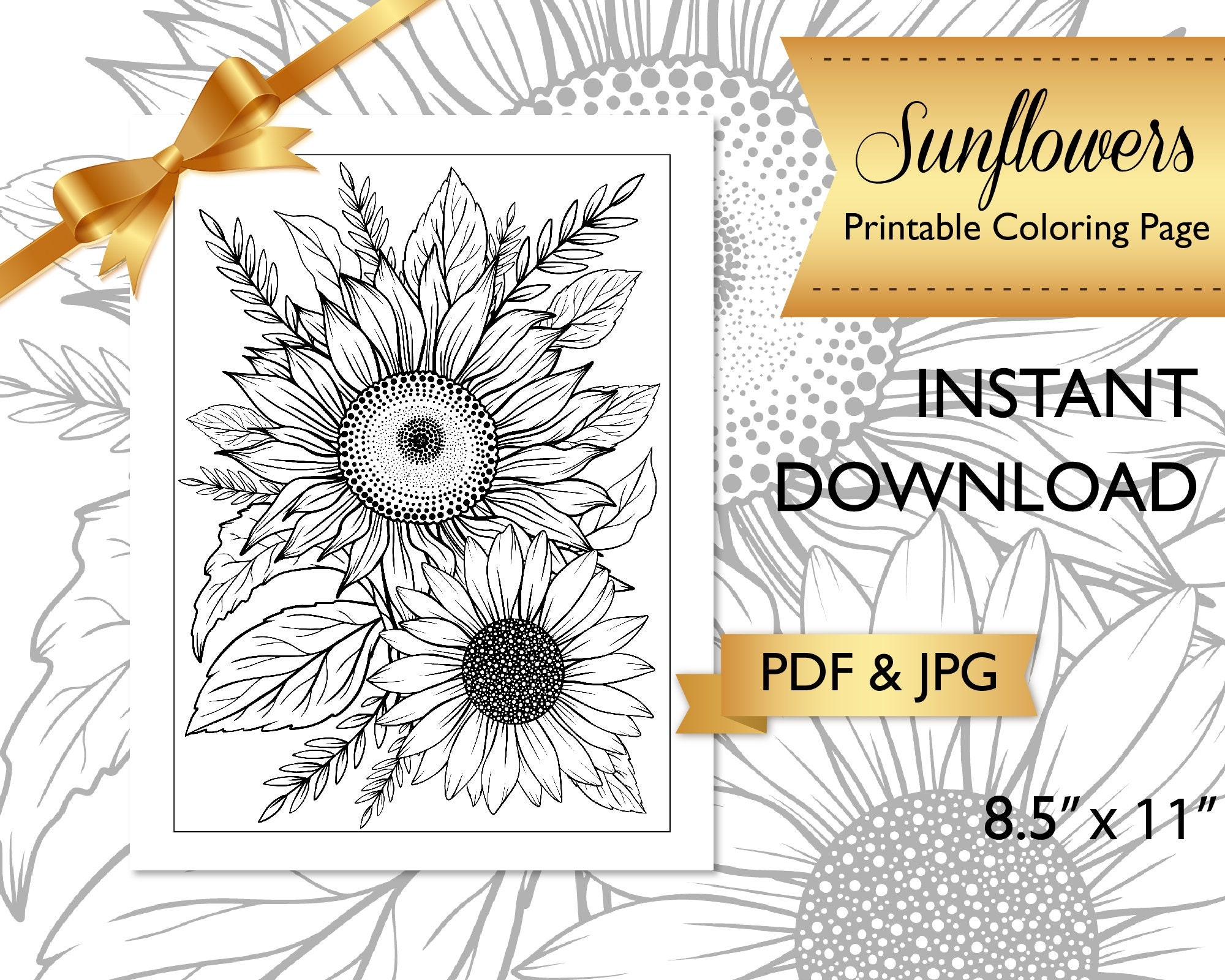 Printable Adult Coloring Page Flower Coloring Page For Adults Sunflowers Coloring Page PDF Coloring At Home Meditative Coloring V 3 Etsy