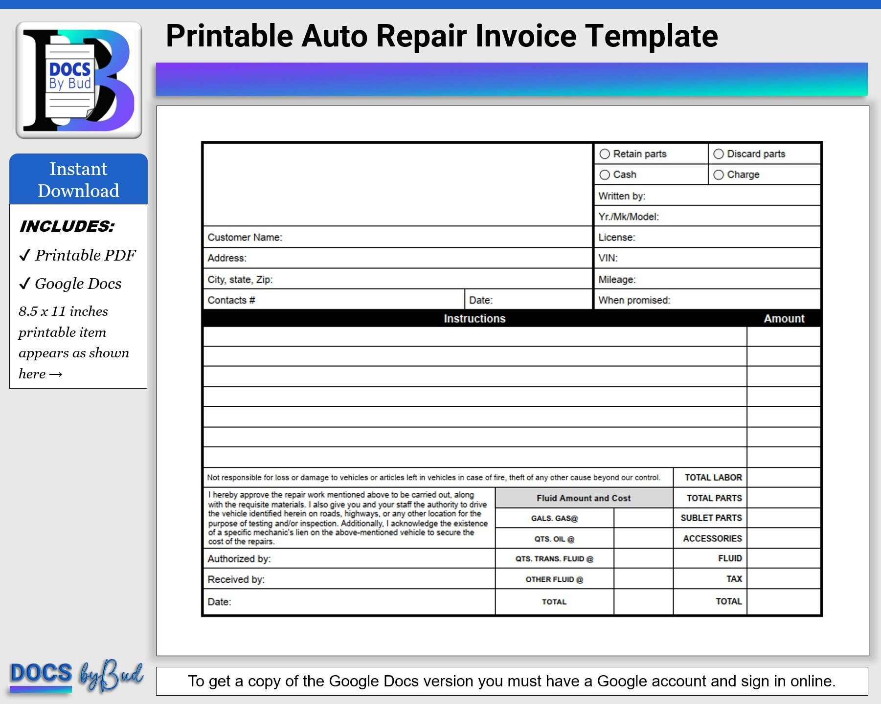 Printable Auto Repair Invoice Template Auto Repair Template Downloadable GOOGLE DOCS Or PDF Printable Auto Repair Estimate For Vehicles