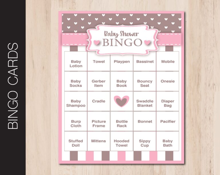 Printable BABY SHOWER Bingo Game Pink And Brown Baby Girl 40 