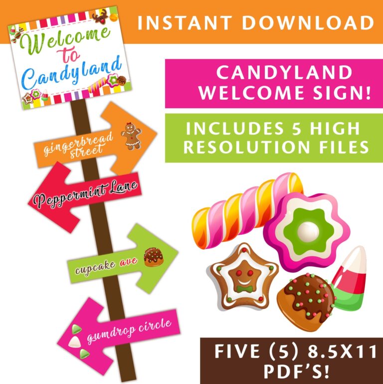 PRINTABLE Candyland Welcome Sign Plus 4 Directional Signs Candyland Theme Street Signs Candyland Instant Download Directional Signs