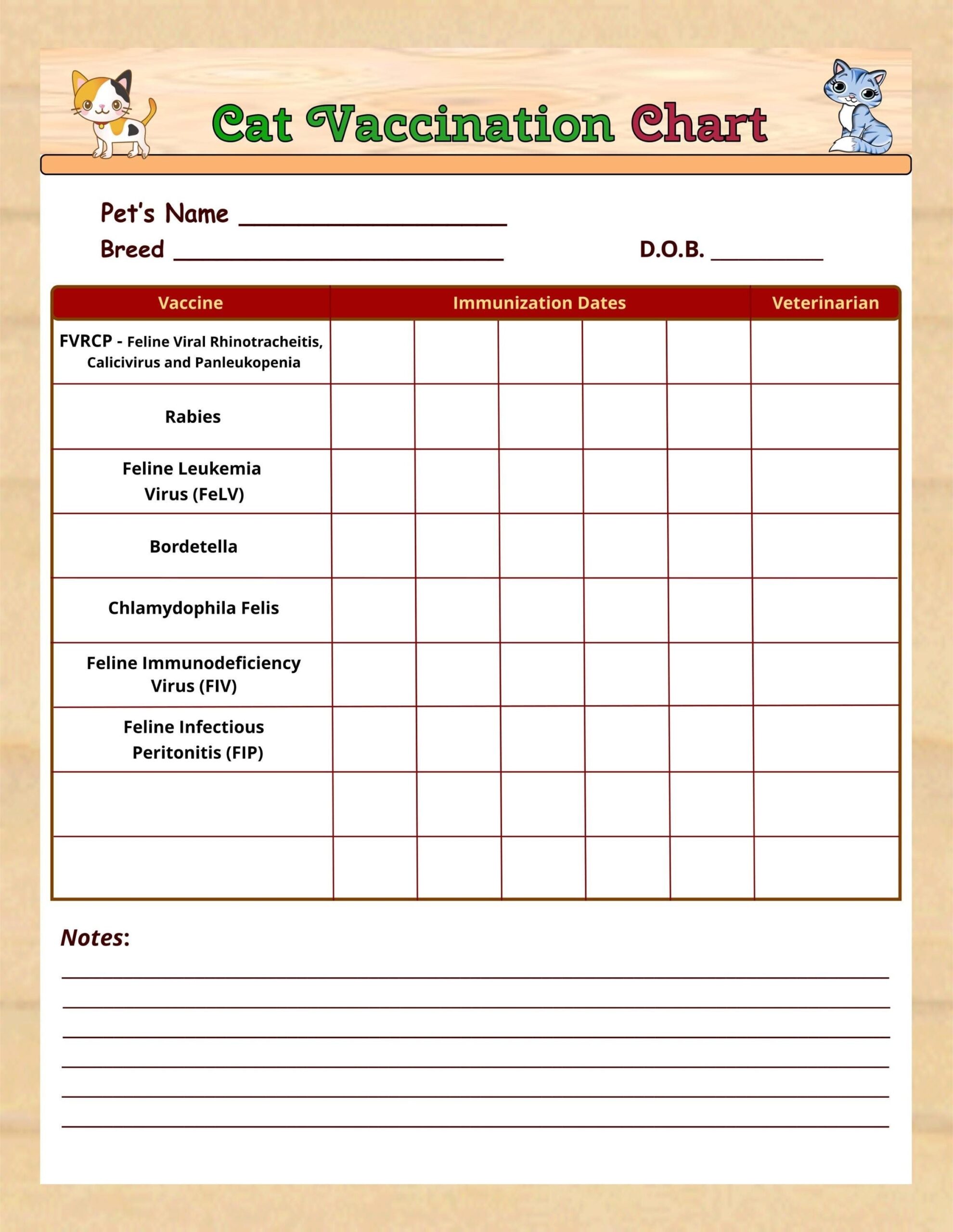 Printable Cat Vaccination Chart Pet Medical Record Cat