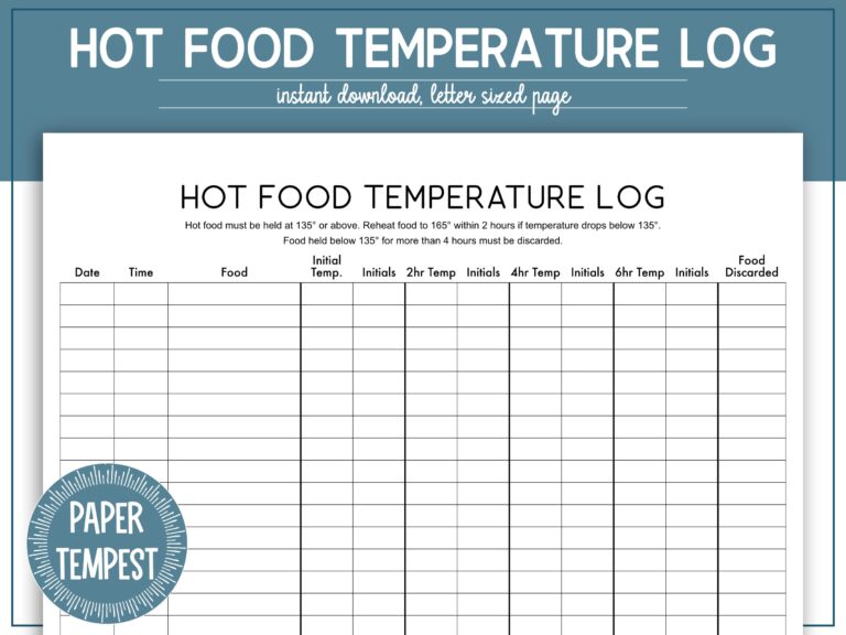Printable Hot Food Temperature Log Hot Food Holding Temperature 