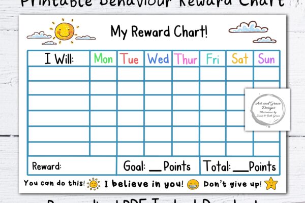 Printable PDF Reward Chart Personalised Instant Download Kid s Behaviour Chart Sun And Clouds Encouragement Chart Etsy