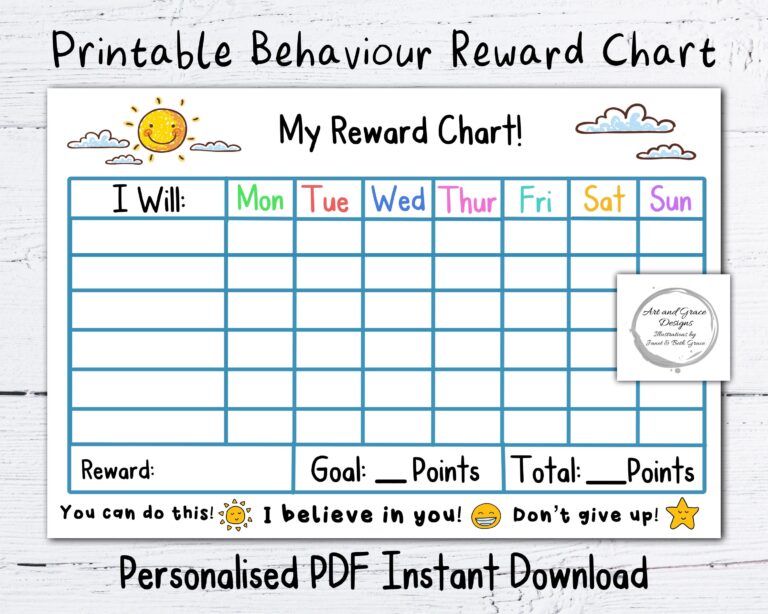 Printable PDF Reward Chart Personalised Instant Download Kid s Behaviour Chart Sun And Clouds Encouragement Chart Etsy