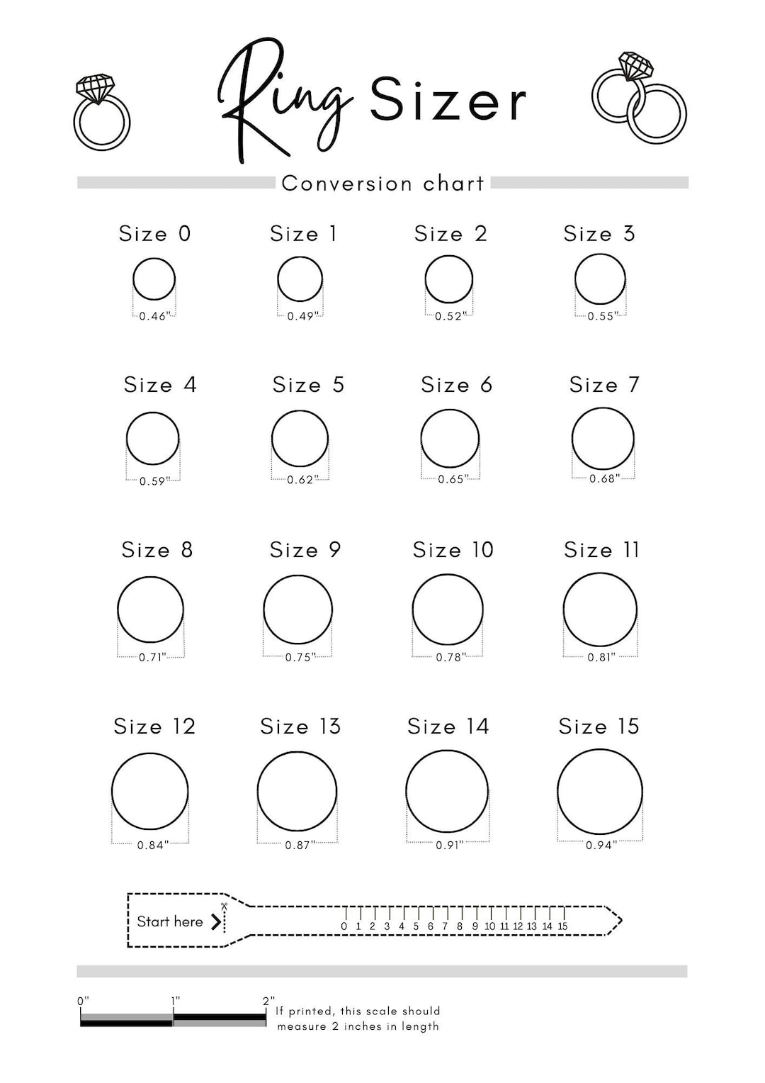 Printable Ring Sizer Ring Size Inches Printable Measuring Tool International Ring Size Chart Measure Ring Size Instant Download Etsy