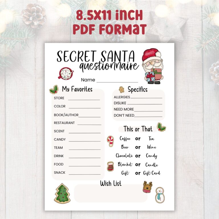 Printable Secret Santa Questionnaire Christmas Holiday Gift Exchange Questions Form For Work Office Coworkers Neighbors Friends PDF