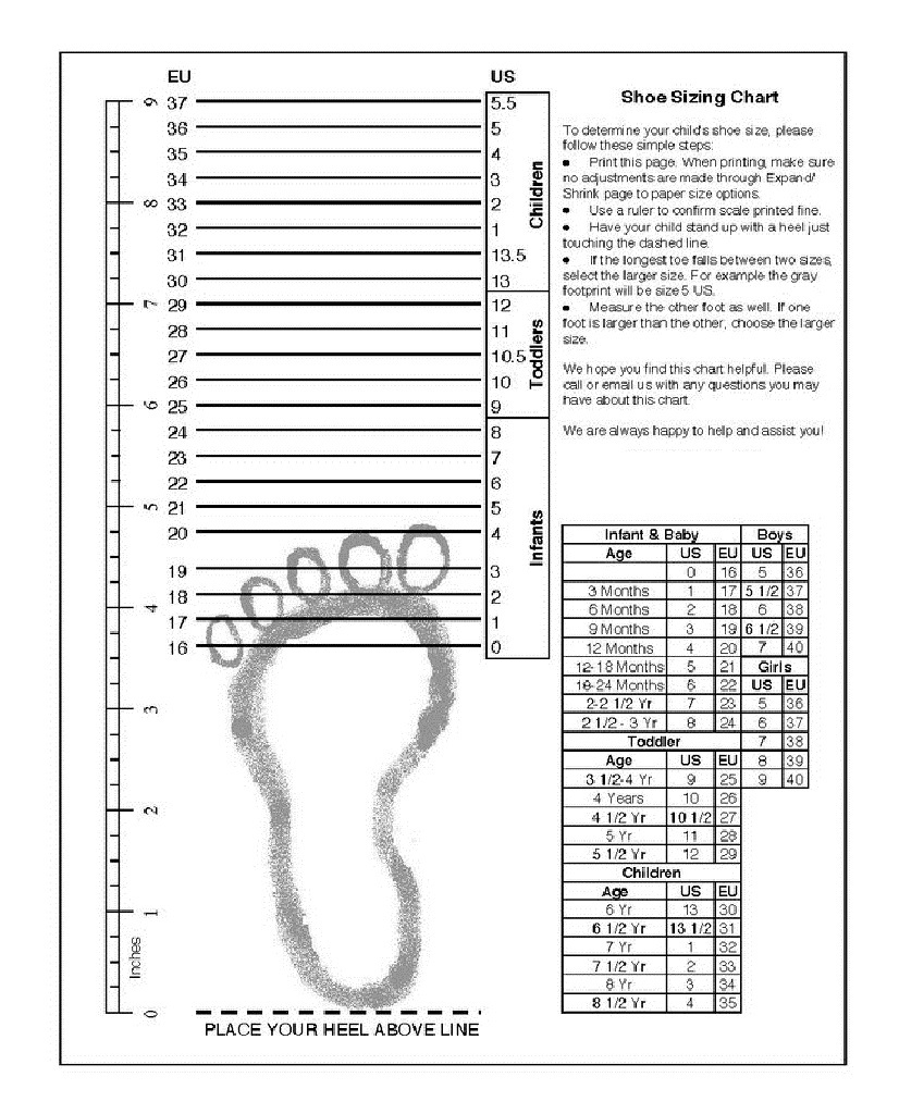 Shoe Size Chart Printable