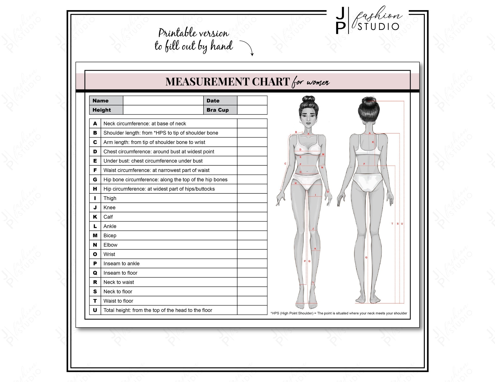 PRINTABLE Women s Body Measurement Sheet Fashion Designer Template Sewing Measurement Sheet PDF U0026 JPG Etsy Canada
