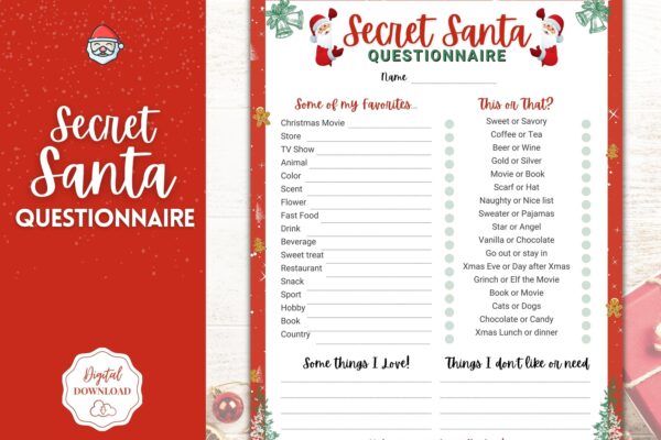 Secret Santa Questionnaire Printable Holiday Gift Exchange Form Work Or Personal Christmas Wish List Kids Adults Gift List Xmas Party Etsy