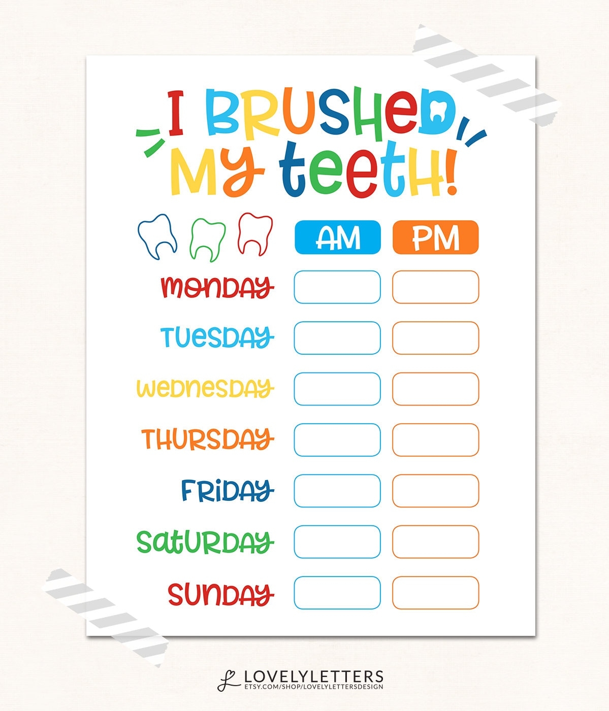 Teeth Brushing Chart DIGITAL I Brushed My Teeth Kids 