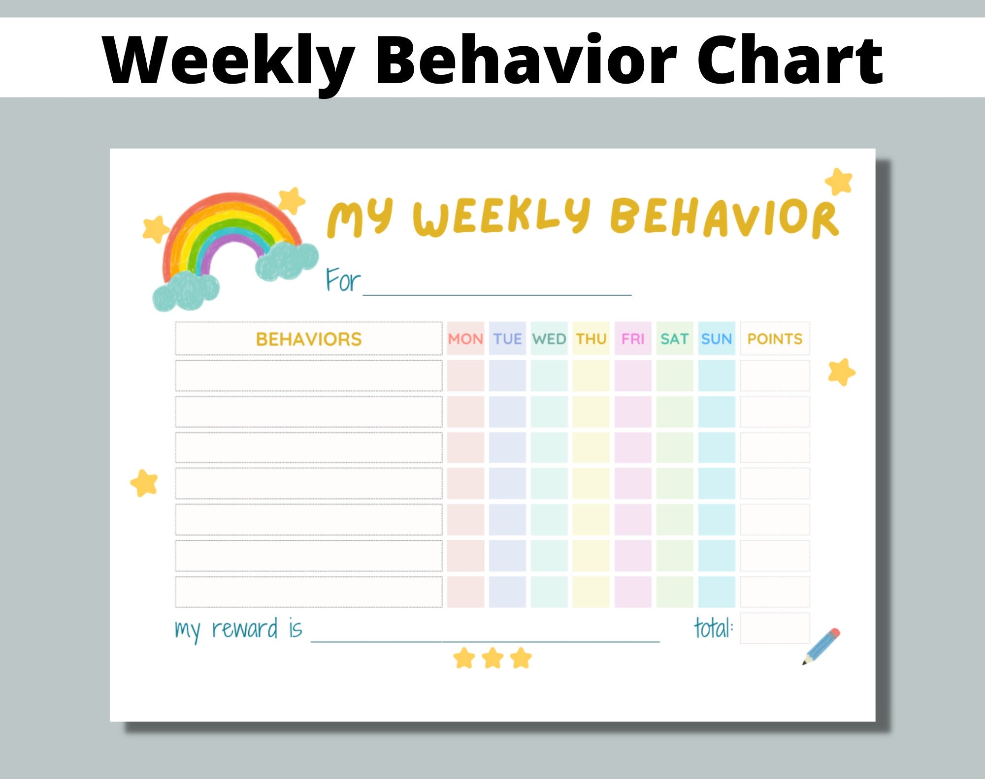 Weekly Behavior Chart Printable For Kids Students Classroom Preschool Kindergarten Home Editable Points Reward Chart Sticker Chart