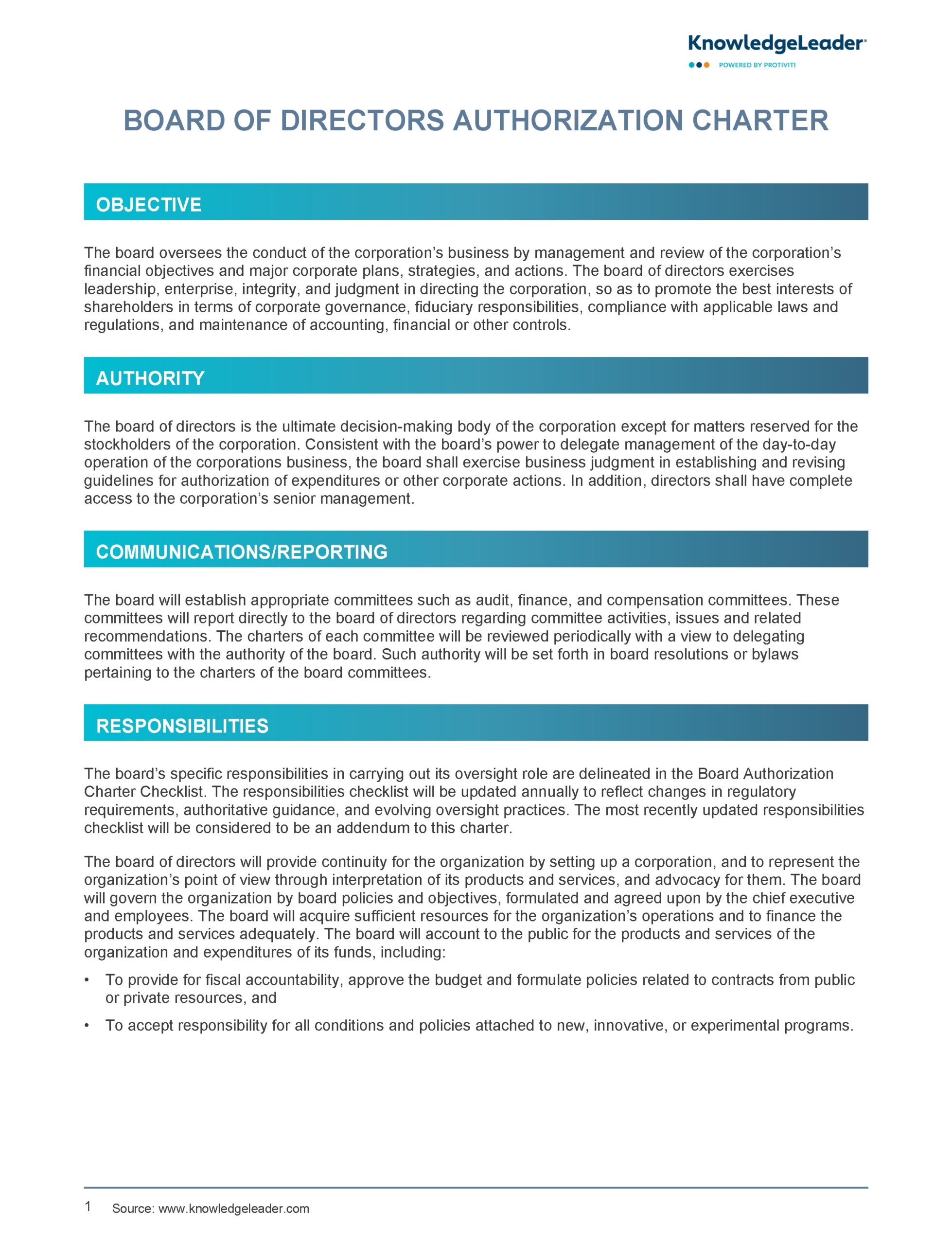 Board Of Directors Authorization Charter KnowledgeLeader