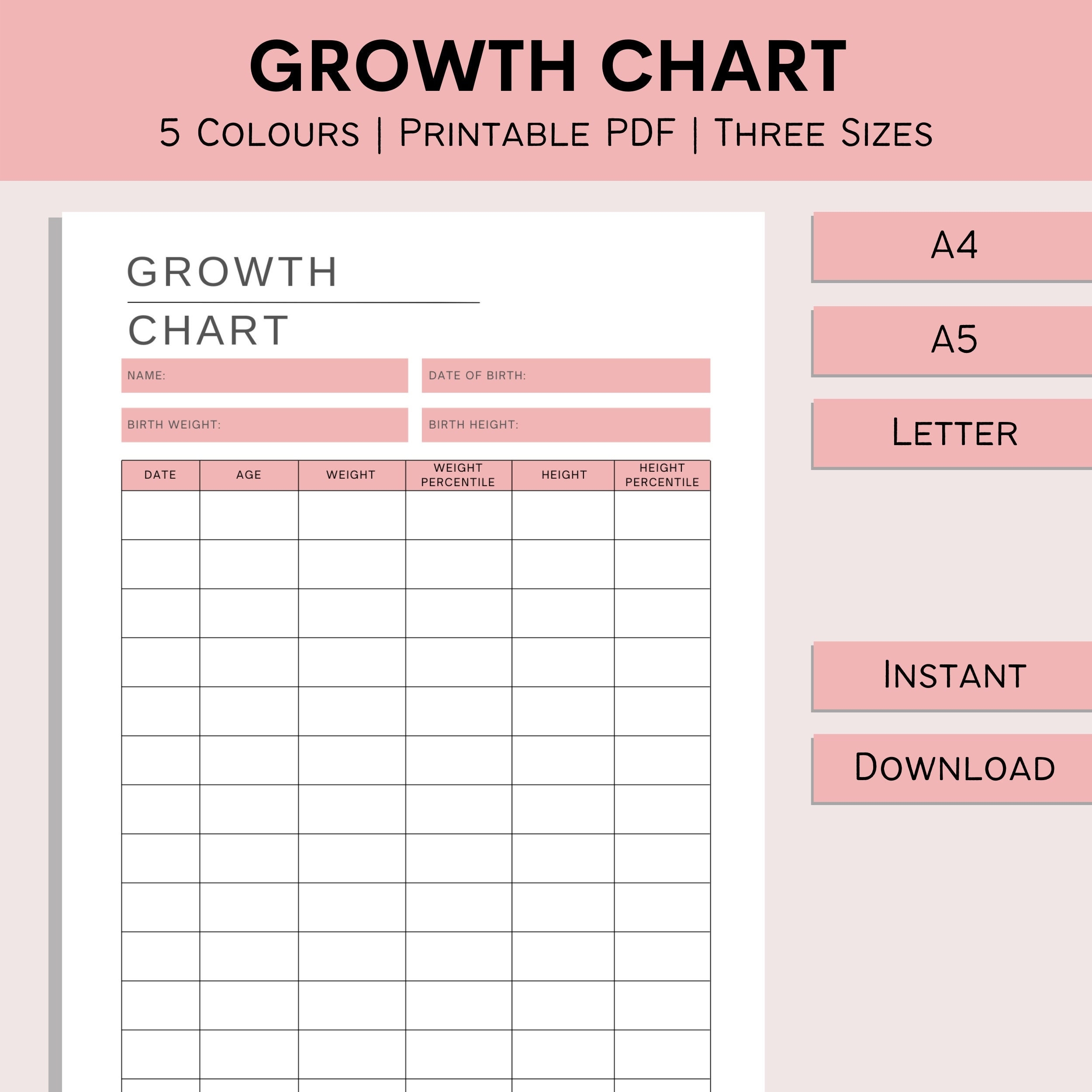 Childs Growth Chart Printable Height And Weight Tracker Kids Size Table Growth Tracker Height Log PDF A4 A5 Letter Etsy
