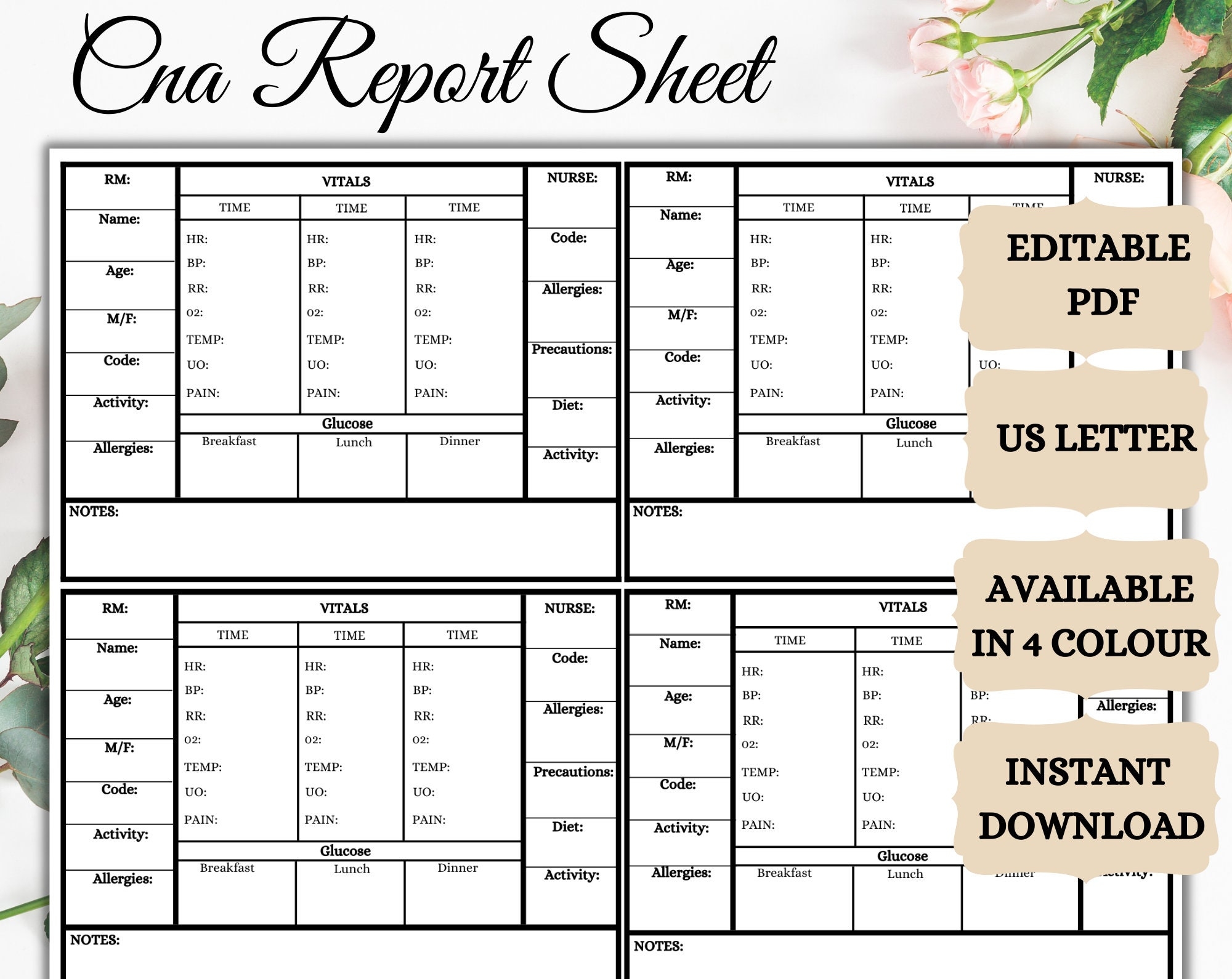 CNA Sheet Report Cna Template Printable U0026 Fully Editable Cna Flow Sheet Digital Download Vitals Log Etsy